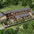 Traditional Guesthouse Building With Grey Roofs Lush Green Trees And Garden Pathway