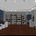 Accessories Store Interior with Display Shelves Round Showcases Wooden Floors and White Walls