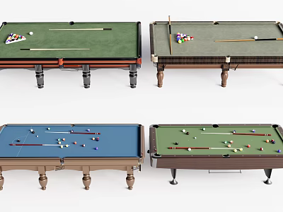 Sports Equipment Billiard Tables With Green Blue Tabletops Balls Cues And Various Designs 3d model