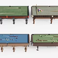 Sports Equipment Billiard Tables With Green Blue Tabletops Balls Cues And Various Designs