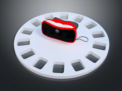 Red and Black VR Headset Entertainment Device on White Circular Film Reel Base 3d model