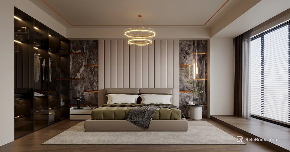 Modern Double Bed In Background With Paneled Wall Circular Hanging Lights Nightstands And Soft Rug 3d model 