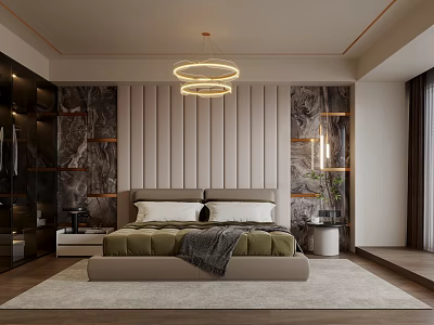 Modern Double Bed In Background With Paneled Wall Circular Hanging Lights Nightstands And Soft Rug 3d model