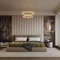 Modern Double Bed In Background With Paneled Wall Circular Hanging Lights Nightstands And Soft Rug