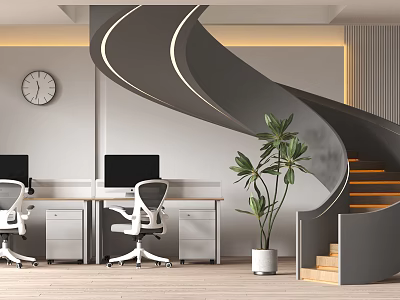 Gray Spiral Staircase In Modern Office With Desks Computers And Potted Plant 3d model