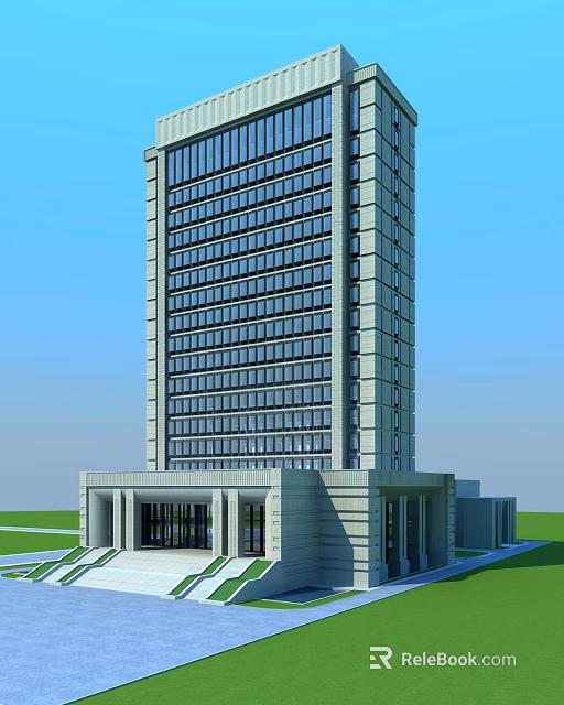Modern High Rise Office Building With Glass Curtain Wall Grand Entrance And Green Lawn 3d model 