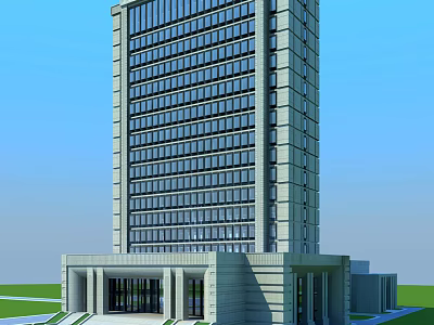 Modern High Rise Office Building With Glass Curtain Wall Grand Entrance And Green Lawn 3d model
