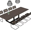 Modern Rectangular Dining Table Set With Metal Mesh Back Chairs Potted Plant And Pendant Lights 3d model