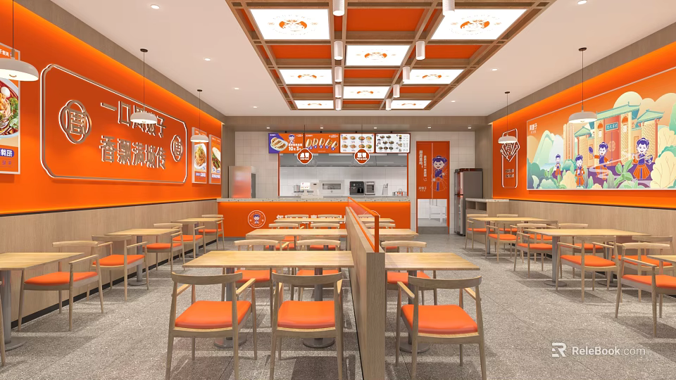 Bright Orange Themed Cantonese Roast Meat Restaurant With Dining Tables Chairs Wall Menus and Decorations 3d model 