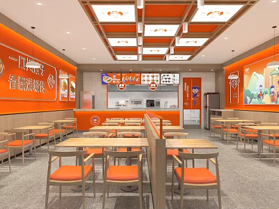 Bright Orange Themed Cantonese Roast Meat Restaurant With Dining Tables Chairs Wall Menus and Decorations 3d model