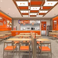 Bright Orange Themed Cantonese Roast Meat Restaurant With Dining Tables Chairs Wall Menus and Decorations