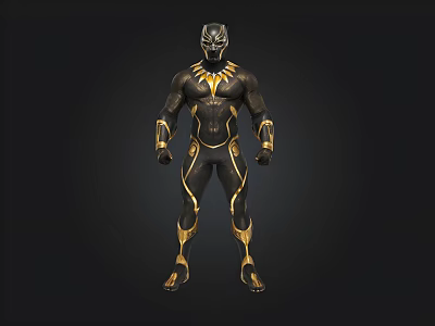 Black Panther Character In Black And Gold Armor With Helmet And Body Suit 3d model