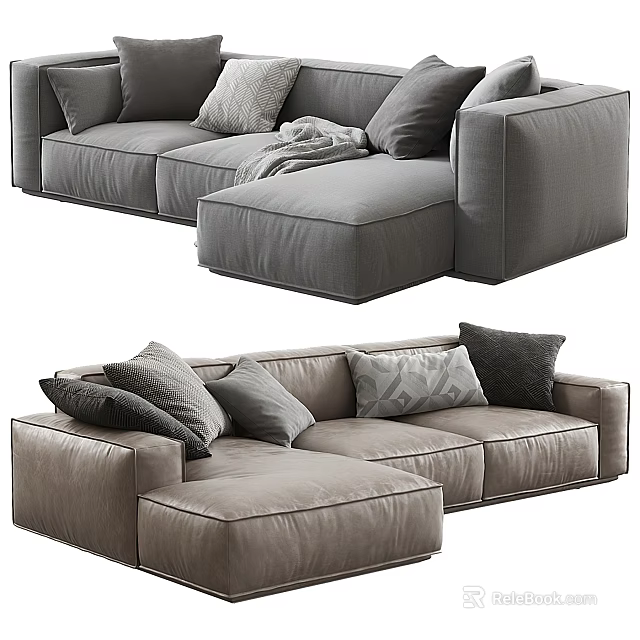 Modern Sectional Sofa In Gray And Beige With Plush Cushions And Throw Pillows 3d model 