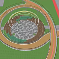 Courtyard Garden With Circular Pathway Green Lawn Stone Pavement Trees And Modern Building