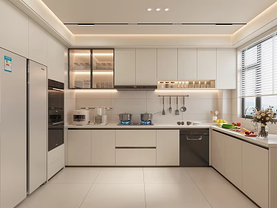 Modern White Kitchen Interior With Built In Appliances And Glass Front Cabinets 3d model