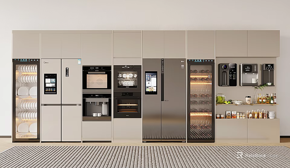 Modern Kitchen Layout With Multiple Built In Appliances Including Refrigerator Oven And Wine Cooler 3d model 