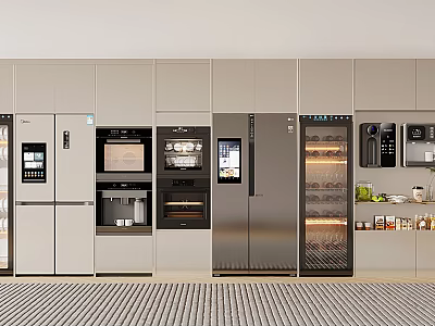 Modern Kitchen Layout With Multiple Built In Appliances Including Refrigerator Oven And Wine Cooler 3d model