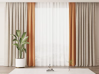 Orange And Beige Window Curtains With Sheer White Panels And Indoor Plant On Rug 3d model