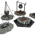 Garden Ornaments Featuring Stone Fire Pits Hanging Cauldrons and Rustic Bonfire Designs