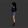 Anime School Girl Standing with Outstretched Arms in Blue Blazer Plaid Skirt on Grey Background