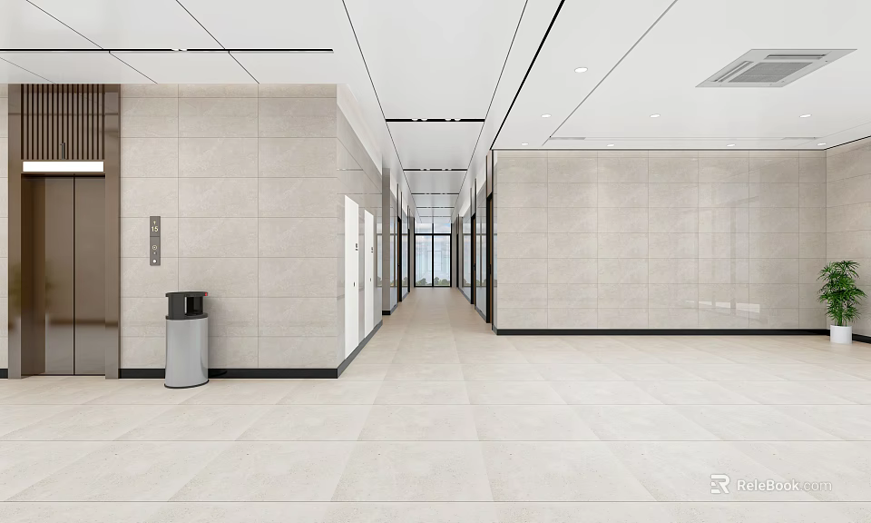 Modern Spacious Elevator Hallway With Tiled Walls Ceiling Lights And Clean Flooring 3d model