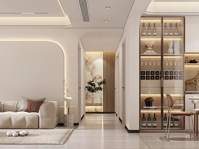 Minimalist Living and Dining Room Interior With Beige Sofa Glass Wine Cabinet And Dining Set 3d model