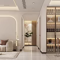 Minimalist Living and Dining Room Interior With Beige Sofa Glass Wine Cabinet And Dining Set