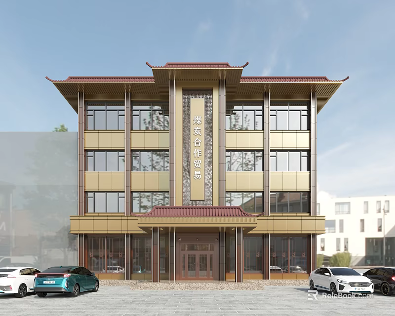 Chinese Style Multi story Detached Villa With Traditional Roof Large Windows And Parked Cars 3d model 