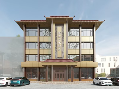 Chinese Style Multi story Detached Villa With Traditional Roof Large Windows And Parked Cars 3d model