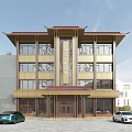 Chinese Style Multi story Detached Villa With Traditional Roof Large Windows And Parked Cars