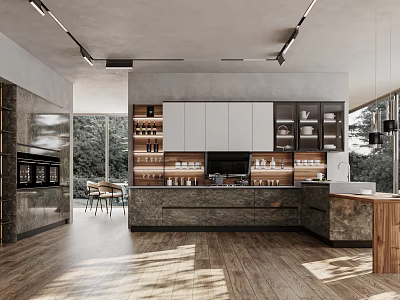 Modern Kitchen Interior Featuring Island Counter Wooden Floors And White Cabinets 3d model