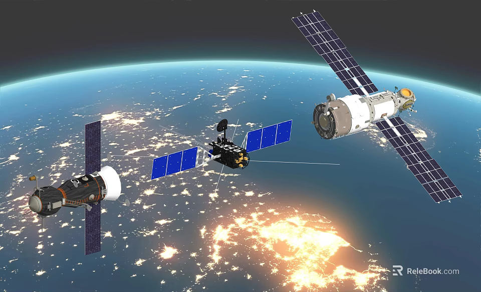 Satellites In Earth Orbit With Solar Panels And Communication Technology Above Illuminated Earth Surface 3d model 