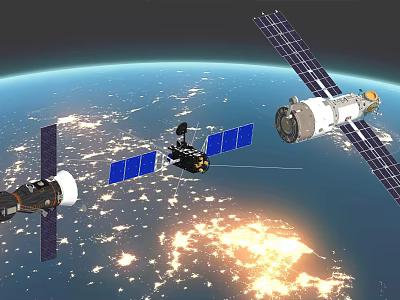 Satellites In Earth Orbit With Solar Panels And Communication Technology Above Illuminated Earth Surface 3d model