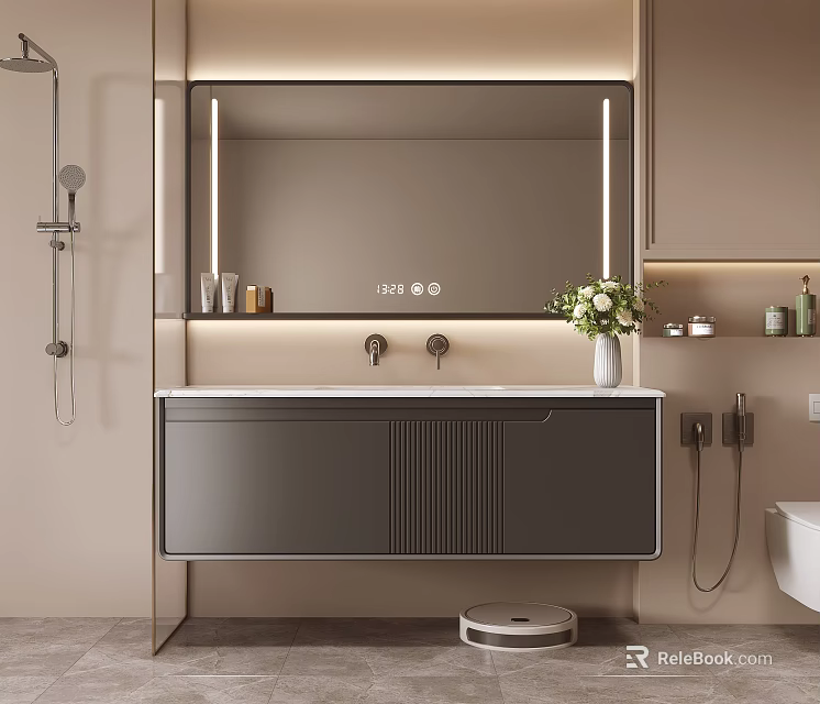 Elegant Modern Bathroom Interior With Wall Mounted Washbasin Mirror Cabinet And LED Light 3d model 