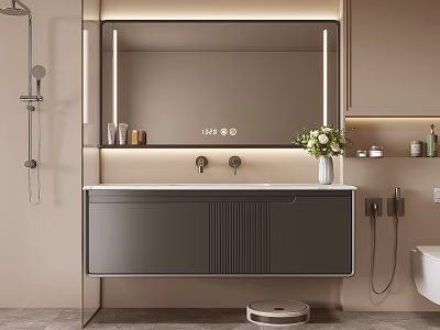 Elegant Modern Bathroom Interior With Wall Mounted Washbasin Mirror Cabinet And LED Light 3d model