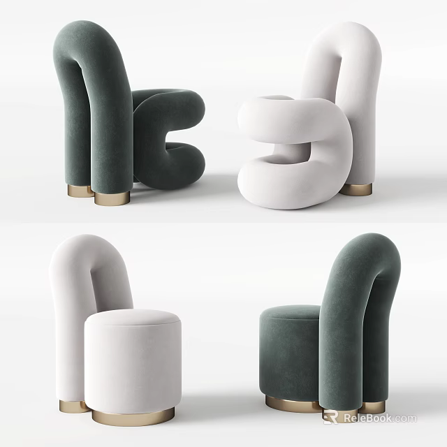 Modern Single Sofa With Curved Design Green And White Colors And Golden Legs 3d model 