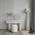 Modern Minimalist Dressing Table With Round Mirror White Stool Green Plant And Striped Wall