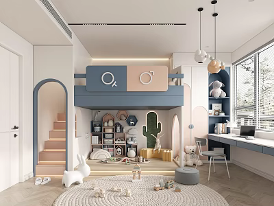Colorful Kids Room Interior With Blue Pink Bunk Bed Staircase Toys Bookshelves And Desk 3d model