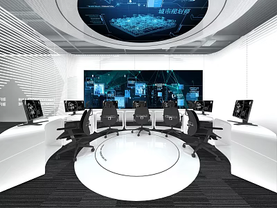 Modern Exhibition Hall With Hi Tech Screens Control Consoles And Circular Office Layout Design 3d model