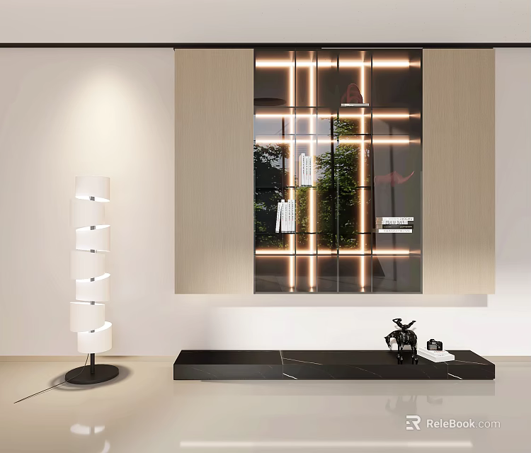 Modern Bookshelf Design With LED Lighting Glass Doors And Decorative Elements For Living Room 3d model 
