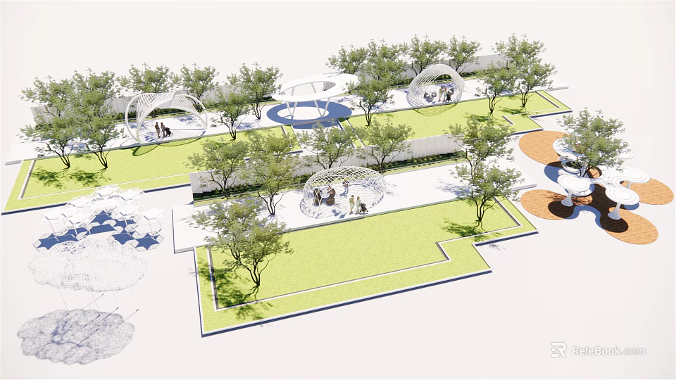 Modern Pergola Design in Landscape with Trees Green Lawn and Outdoor Gathering Area 3d model 