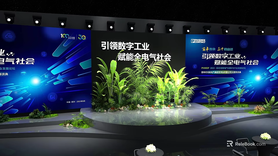 Leading Digital Industry Stage With Green Plants Blue Backdrops Empowering Electrical Society 3d model 