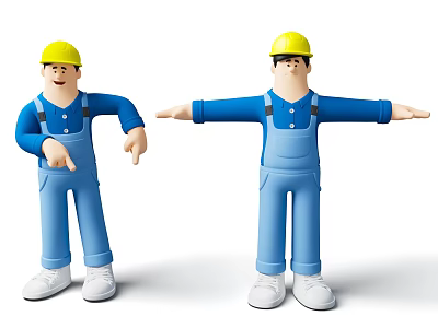 Two Male Workers In Blue Overalls Wearing Yellow Helmets 3d model
