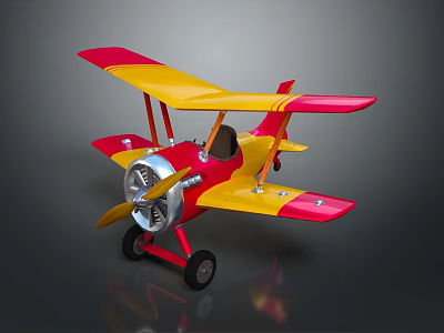 Colorful Red And Yellow Toy Biplane With Metal Propeller And Black Wheels On Dark Background 3d model