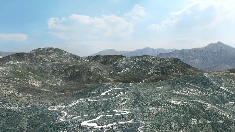 Breathtaking Mountain Range With Winding River And Green Vegetation Under Blue Sky 3d model 