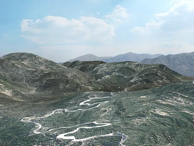 Breathtaking Mountain Range With Winding River And Green Vegetation Under Blue Sky 3d model