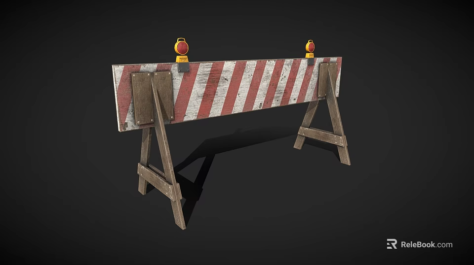 Red And White Striped Road Barrier With Wooden Support Stands And Yellow Warning Lights 3d model 