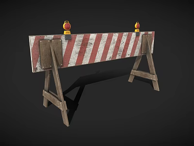Red And White Striped Road Barrier With Wooden Support Stands And Yellow Warning Lights 3d model