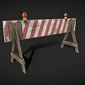 Red And White Striped Road Barrier With Wooden Support Stands And Yellow Warning Lights