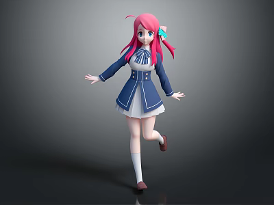 Pink Haired Anime Character in Blue White School Uniform with Running Pose 3D Render 3d model